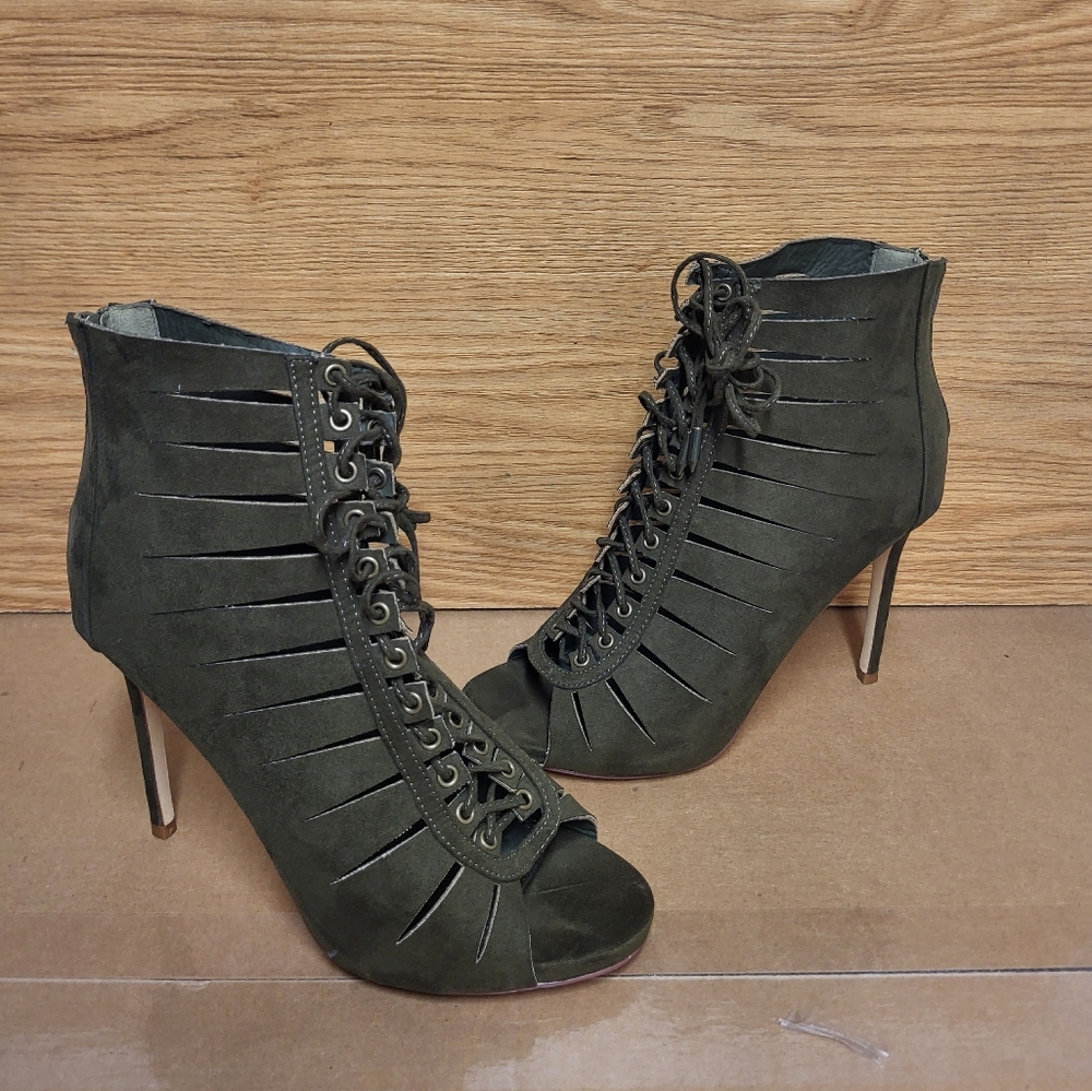 Olivia Fragrance Olive Green Suede Lace Up Heels Women Size 10